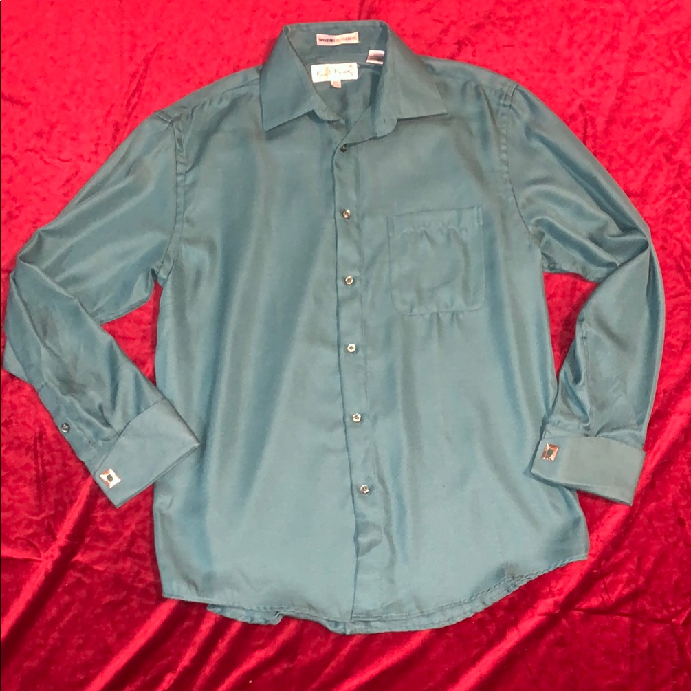 Karl Knox Teal French Cuff Button-Up Shirt With Matching Cufflinks Sz 15.5 34/35